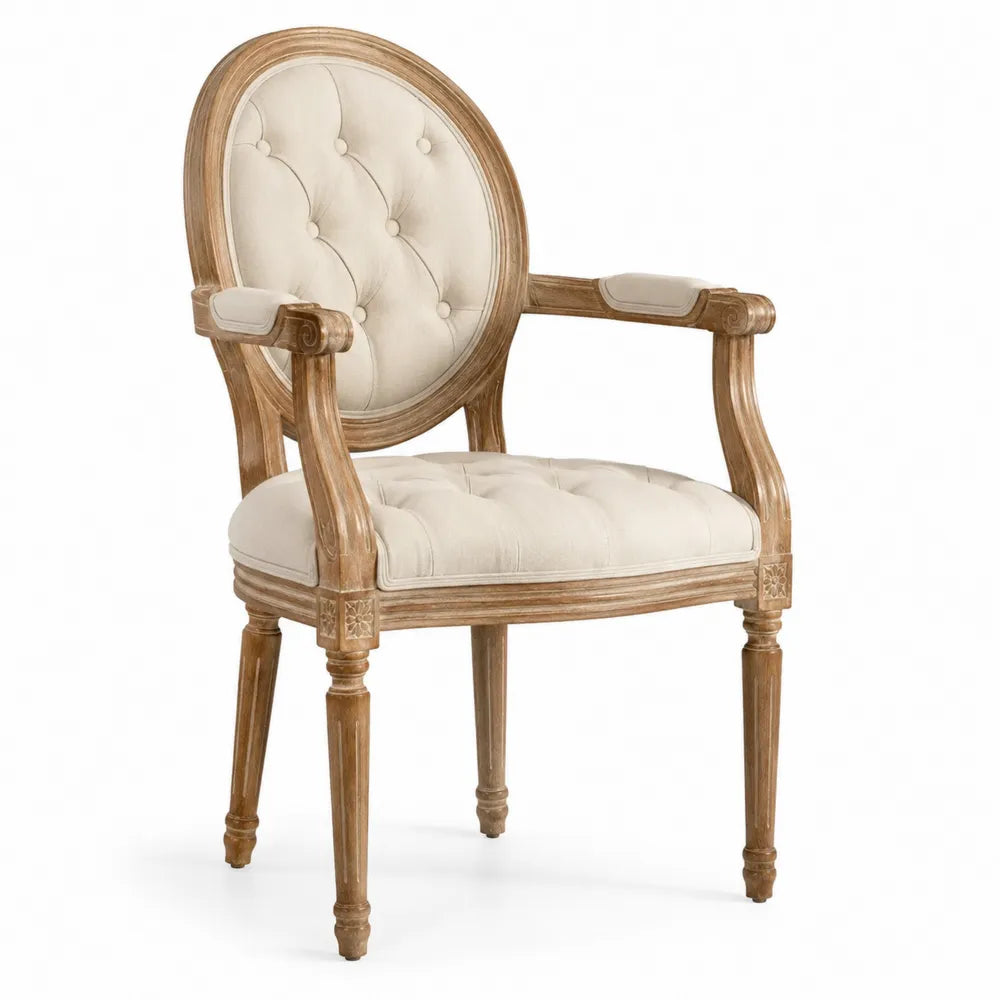 Silla de madera tapizada en lino beige