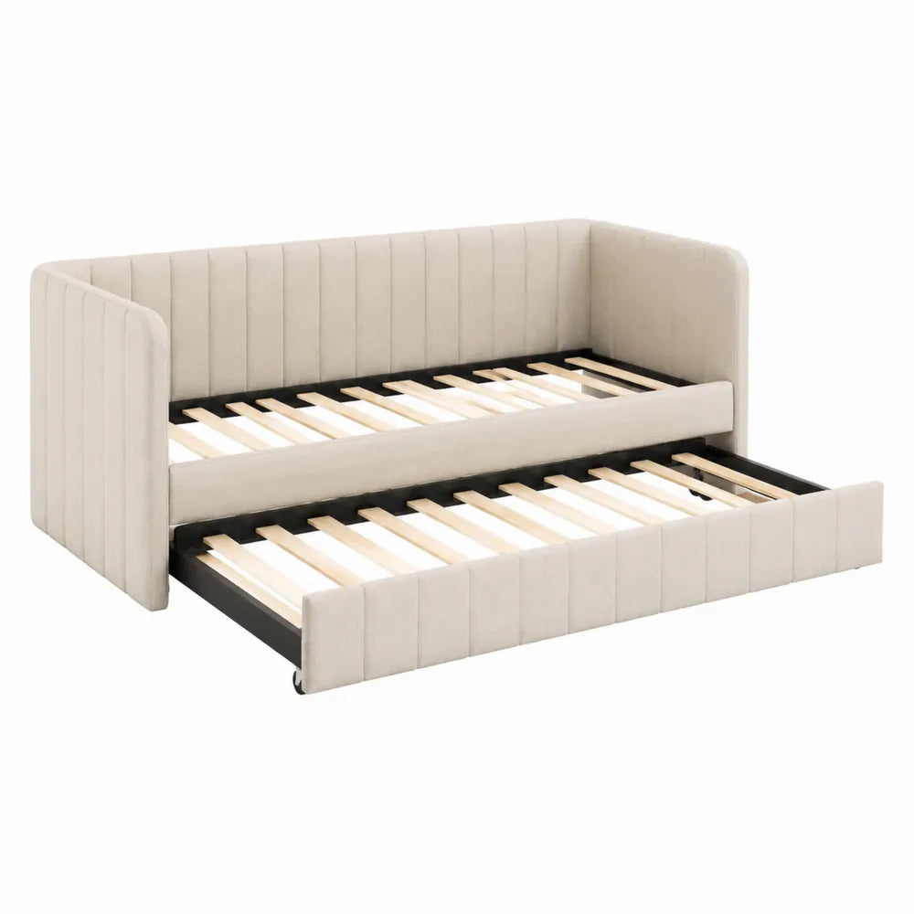 Cama nido de tela beige con somier extraíble