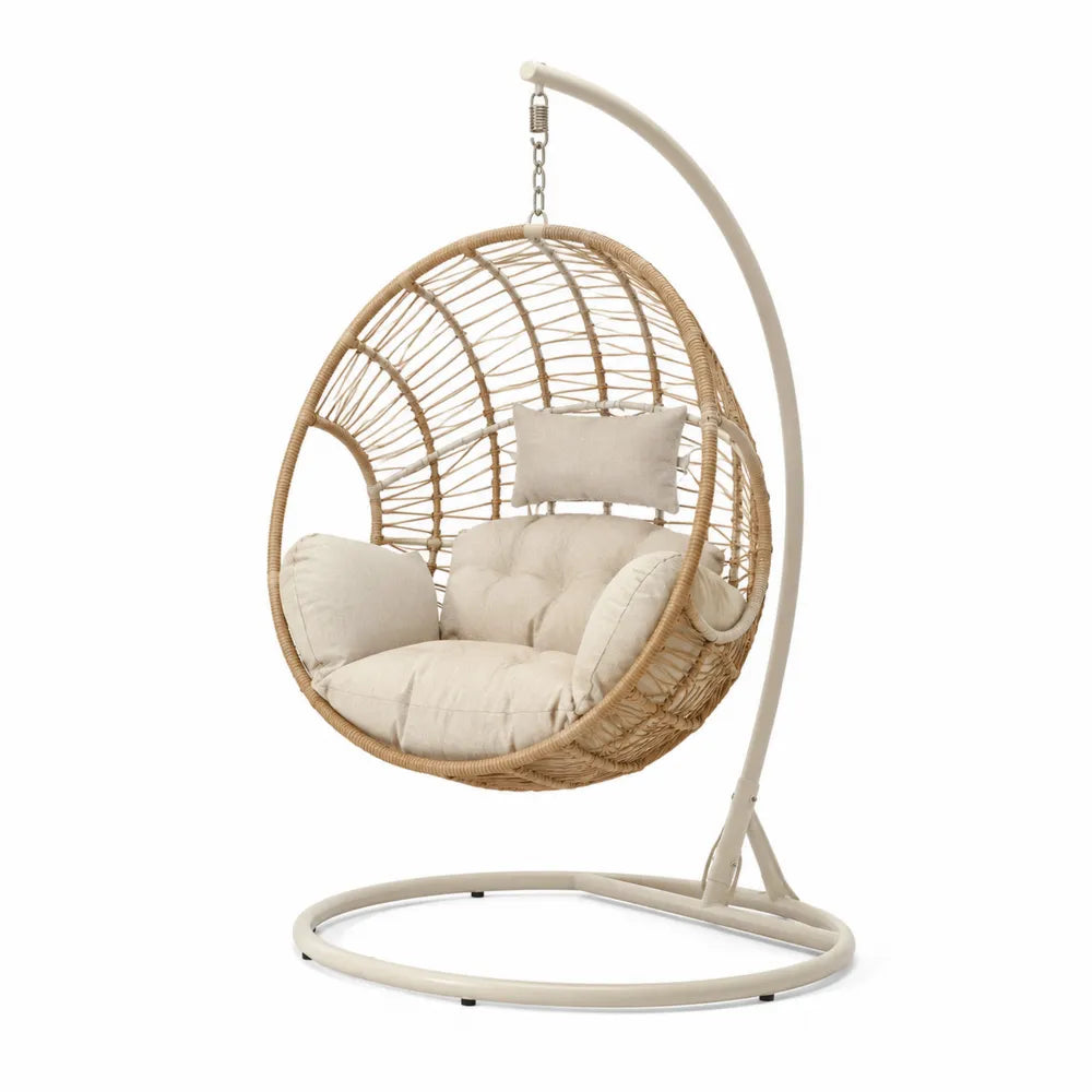 Silla colgante de ratán sintético beige con estructura de acero 195x105 cm
