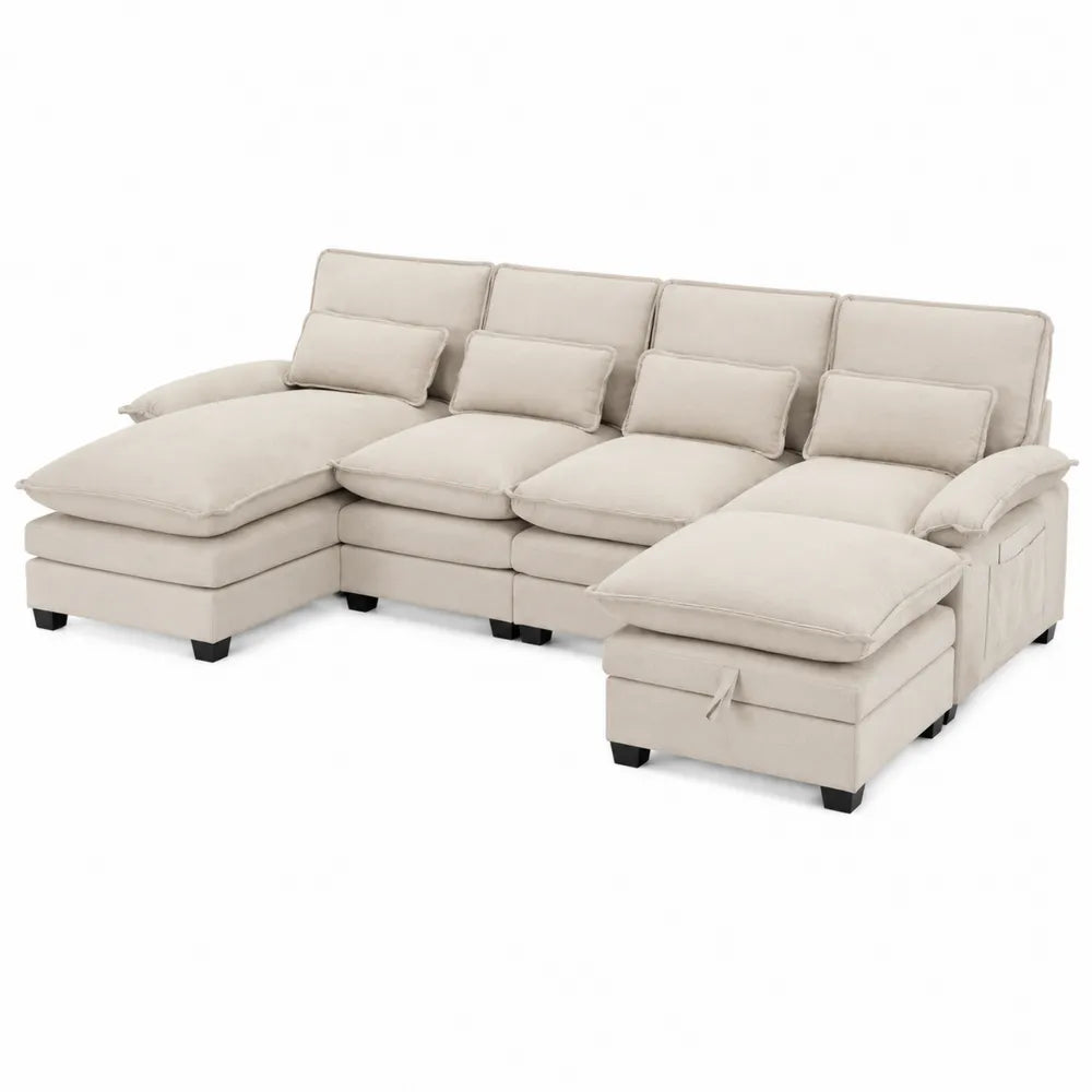 Sofá Seccional en Forma de L con Chaiselongue de Tela Beige 300x200x90 cm