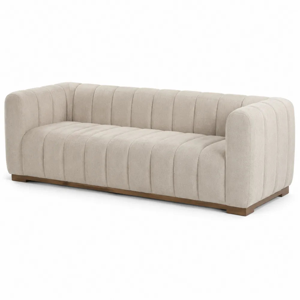 Sofá de 3 plazas de chenilla beige con base de madera