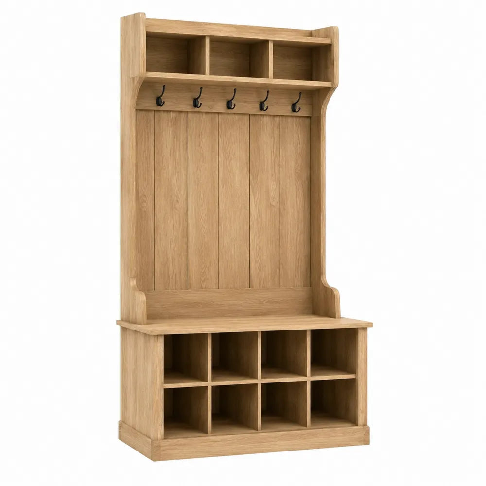 Perchero de Madera de Roble Claro con Ganchos y Compartimentos
