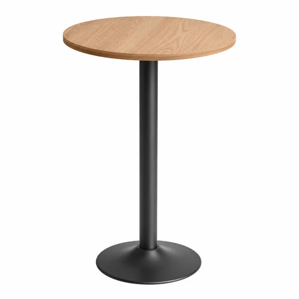 Mesa redonda de madera de roble con base de acero negra