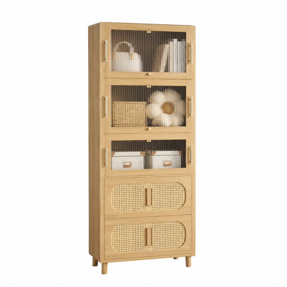 Estantería de madera con puertas de vidrio templado y cajones de ratán, 180 cm de alto