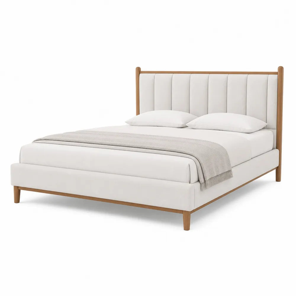 Cama de matrimonio tapizada en poliéster beige con cabecero y marco de madera de roble