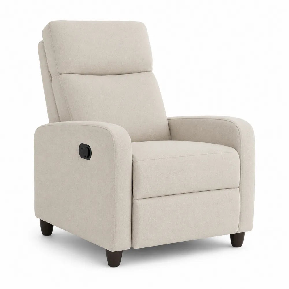 Sillón reclinable beige de tela de poliéster con patas de madera
