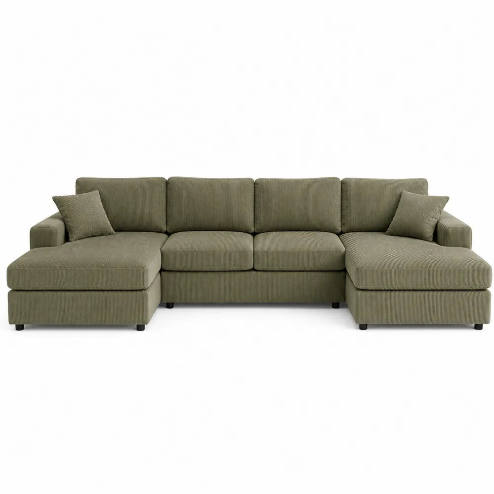 Sofá esquinero en L de tela de chenilla verde oliva con chaise longue, 300 cm