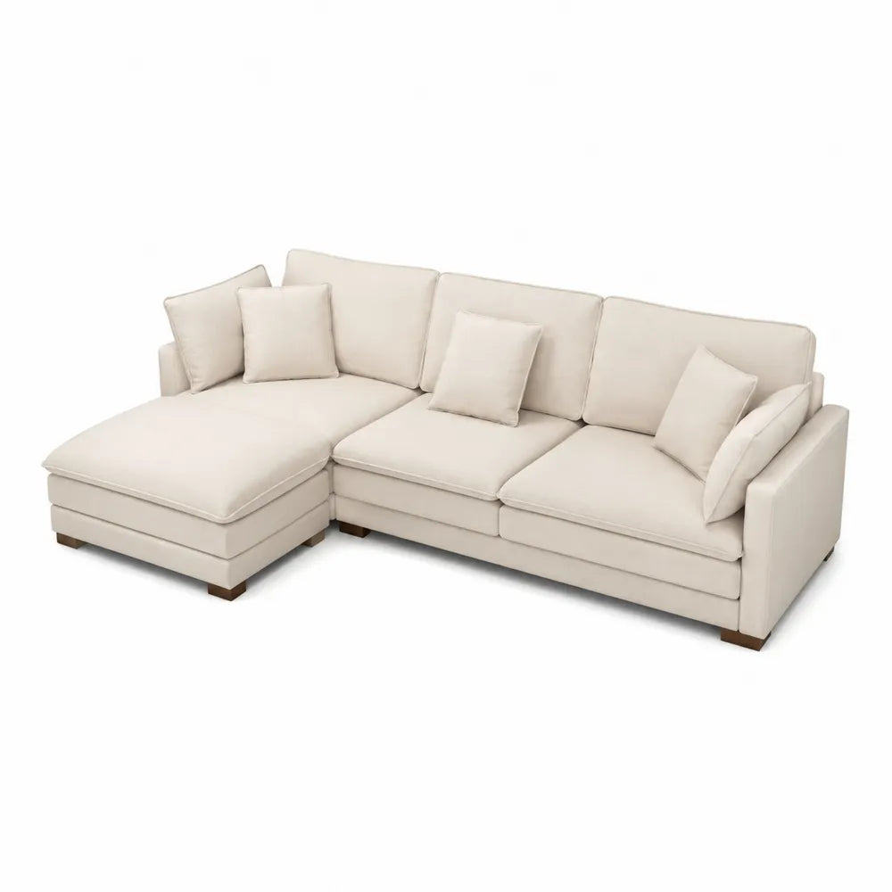 Sofá esquinero de tela beige y madera 284x175x90 cm