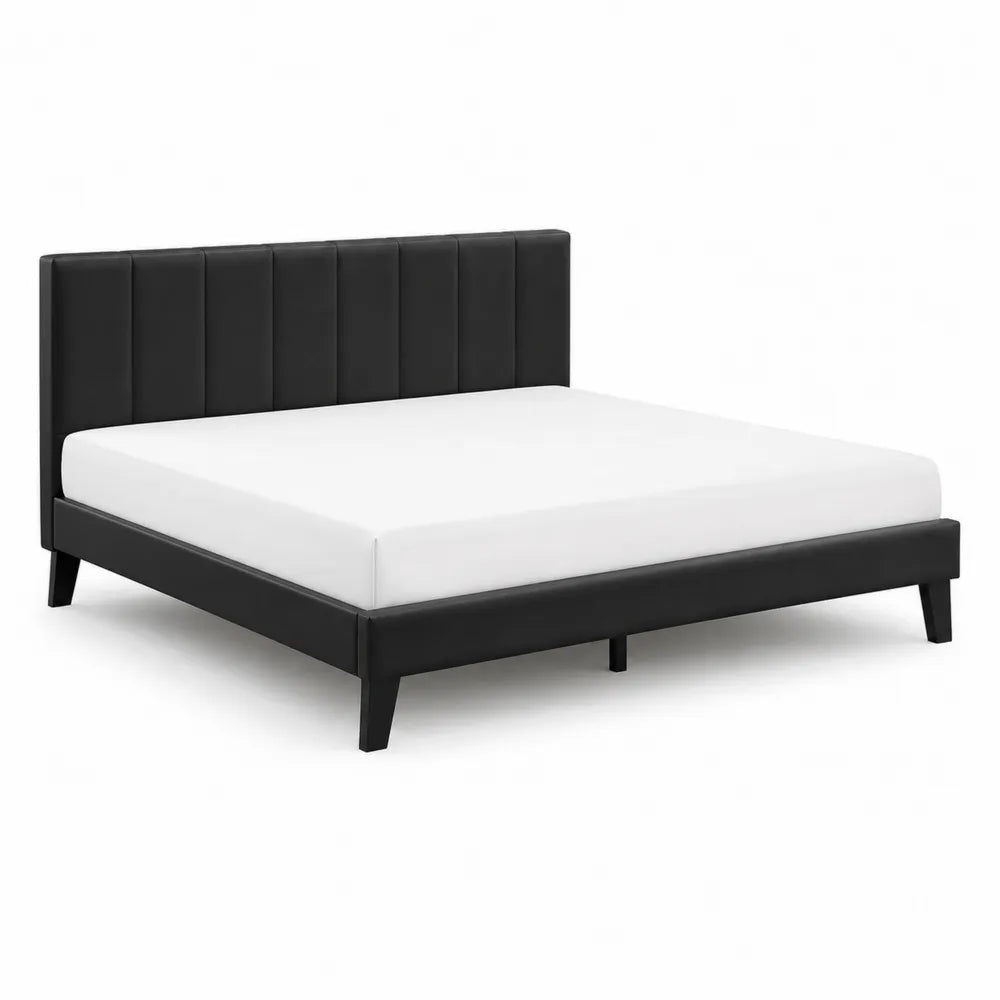 Cama doble de cuero sintético negro con cabecero acolchado